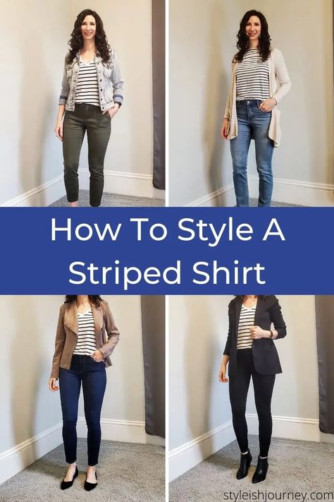 Striped tee outfits for fall. How to style a black and white striped t-shirt for work and for casual. 4 ways to wear a striped shirt. Black Jeans Striped Shirt Outfit, Black And White Striped Shirt With Jeans, Gray And White Striped Shirt Outfit, How To Style Striped Tshirt, Black And White Striped Tee Outfit, White Stripped Shirt Outfit, Stripe Tshirt Outfit Women, Stripy Top Outfit, Navy And White Striped Shirt Outfit