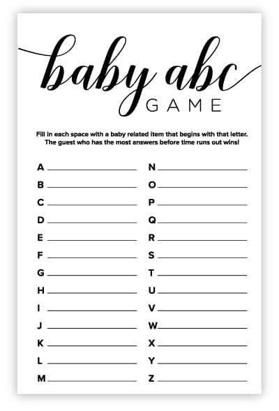 Free Printable Baby Shower Games - Volume 3 | Instant Download Baby Shower Abc Game, Gender Reveal Free Printables, Free Printable Baby Shower Games Girl, Boy Baby Shower Game Ideas, Baby Shower Games Printable Free, Baby Bingo Free Printable, Christening Games, Baby Shower Ideas Games, Abc Baby Shower Game