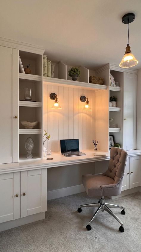 The office wouldn’t be the same without lighting! It makes such a difference to the space especially being a north facing… | Instagram Desk Ideas For Small Spaces Offices, Office With Toy Storage, Office Built Ins With Floating Shelves, Two Desk Built In, Build In Bookshelves With Desk, Built In Bookshelves With Desks, Diy Built Ins With Desk, Office With Two Chairs, Home Office In A Bedroom