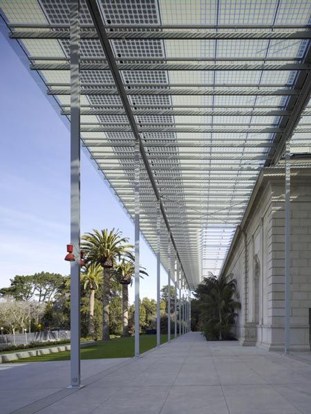 California Academy of Sciences by Renzo Piano. Solar canopy. Solar Canopy, Cafe Design Inspiration, Interactive Space, Architecture Site Plan, Building Workshop, California Academy Of Sciences, Covered Walkway, Awning Canopy, Roof Architecture