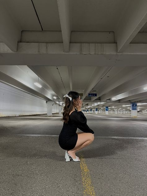 Black Dress With Bow In Hair, White Heels Aesthetic Outfit, Black Dress And White Heels, White Heels Black Dress, Black Dress With White Heels, White Platform Heels Outfit, Black Dress White Shoes, White Dress Black Heels, Black Dress White Heels