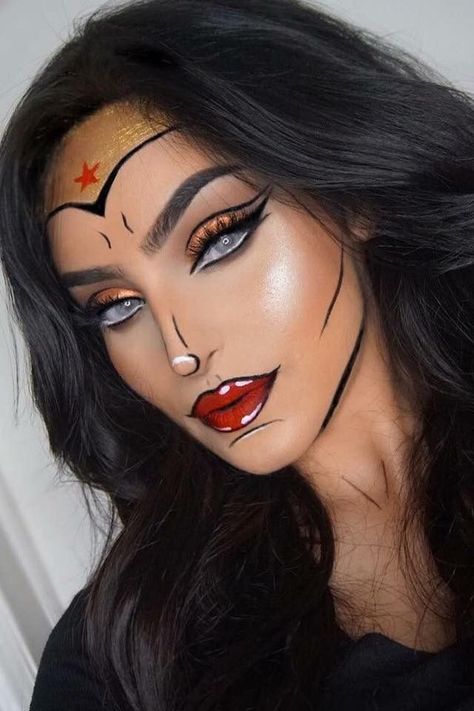 Wonder woman comic book pop art Halloween superhero make up Fest Smink, Airbrush Make Up, Beautiful Halloween Makeup, Halloween Gesicht, Kostuum Halloween, Halloweenský Makeup, Halloween Make-up Looks, Holloween Makeup, Pop Art Makeup