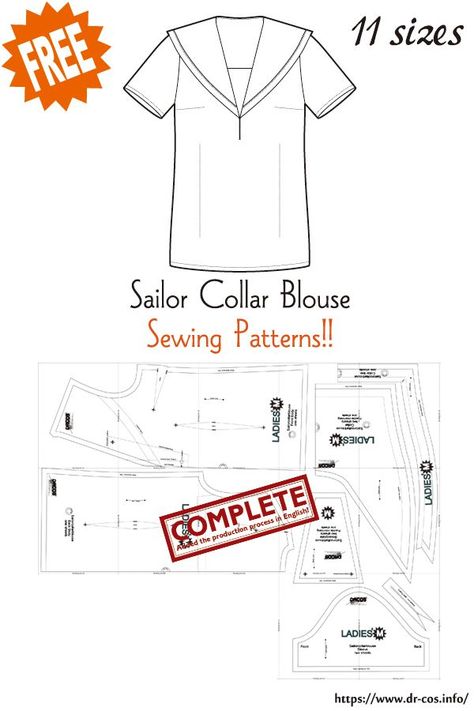 Couture, Collar Blouse Pattern, Sailor Collar Blouse, Japanese Sewing Patterns, Sailor Shirt, Mini Clothes, Japanese Sewing, Free Sewing Patterns, Sailor Collar