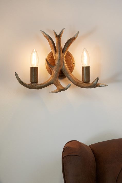 Antler 2 Light Wall Light Antler Lamp, Rustic Wall Lighting, Antlers Decor, Antler Wall, Wall Lights Living Room, Classic Ceiling, Wall Lighting Design, Rustic Kitchen Design, Indoor Wall Lights