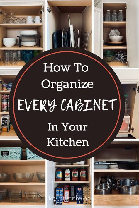 New Kitchen Organization Cupboards, Tiny Cabinet Organization, Organisation, Kitchen Organization Ideas Cups, Over Stove Cabinet Organization, Upper Cabinets Organization, How To Organize Your Cupboards, Kitchen Cup Storage, What To Store In Deep Kitchen Drawers