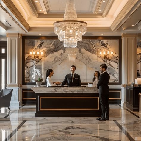 Elegant Hotel Lobby: Guests being greeted by a receptionist at a luxurious hotel lobby with an opulent chandelier. #hotel #lobby #reception #chandelier #marble #aiart #aiphoto #stockcake ⬇️ Download and 📝 Prompt 👉 https://stockcake.com/i/elegant-hotel-lobby_433215_211382 Hotel Reception Design Luxury, Beautiful Hotel Lobby, Hotel Reception Ceiling Design, Fancy Hotel Room Luxury, Small Hotel Lobby Design, Hotel Reception Desk Design, Fancy Hotel Lobby, Hotel Lobby Design Luxury, Hotel Reception Lobby