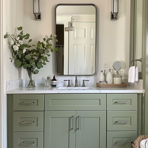 sage green bathroom cabinet White Bathroom Green Cabinets, Guest Bathroom Ideas Sage Green, Green Cabinets Master Bath, Gray White Sage Green Bathroom, Sage Green Paint Colors For Bedroom, Green Bathroom Benjamin Moore, Sage Cabinets Laundry Room, Bm Saybrook Sage Cabinets, Bathroom Sage Green Vanity