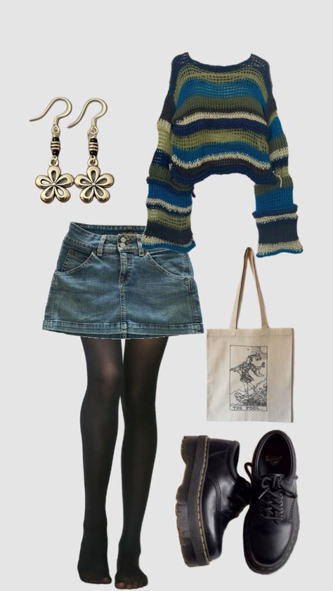 #knitwear #docmartens #jeanskirt #skirt #outfitinspo #fitinspo #fitcheck #clothesinspo #clothes #clothing #totebag German Police, Downtown Outfits, Thrifted Outfits, غرفة ملابس, Modieuze Outfits, Mein Style, Swaggy Outfits, Mode Inspo, Really Cute Outfits