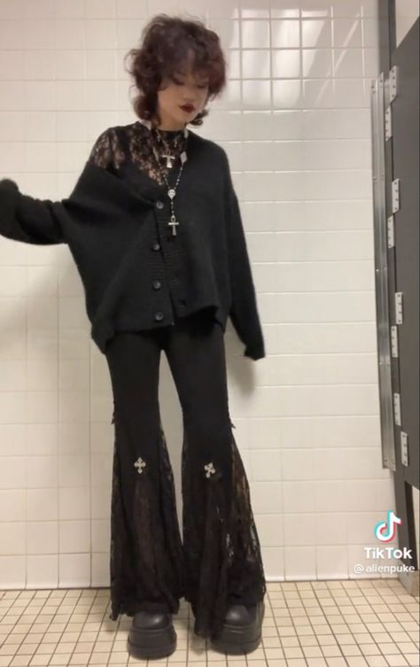 Goth Flare Pants, Nonbinary Alternative Fashion, Black Jeans Goth Outfit, Casual Goth Dress Outfit, Goth Ethereal Aesthetic, Goth Dress Outfit Ideas, 2023 Goth Fashion, Goth Styles Types Of, Midsize Fashion Goth