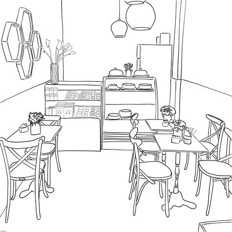 Cafe interior drawing Croquis, Bakery Perspective Drawing, Cafe Drawing Interior, Coffee Shop Drawing Easy, Bakery Drawing Illustration, Coffee Shop Interior Design Drawing, Coffee Shop Design Drawing, Cafe Drawing Aesthetic, Cafe Shop Drawing