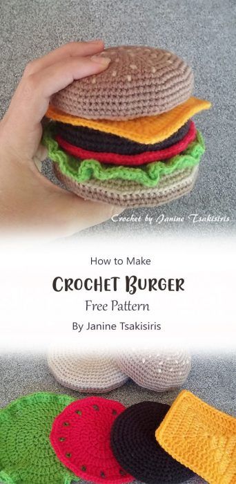 Easy Amigurumi Burger Free Pattern Ideas - Carolinamontoni.com Amigurumi Patterns, Sandwich Crochet Pattern, Crochet Burger Coaster, Burger Crochet Free Pattern, Crochet Pastry Free Pattern, Crochet Kitchen Toys, Crochet Burger Pattern Free, Crochet Sandwich Pattern Free, Crochet Food Free Patterns Easy