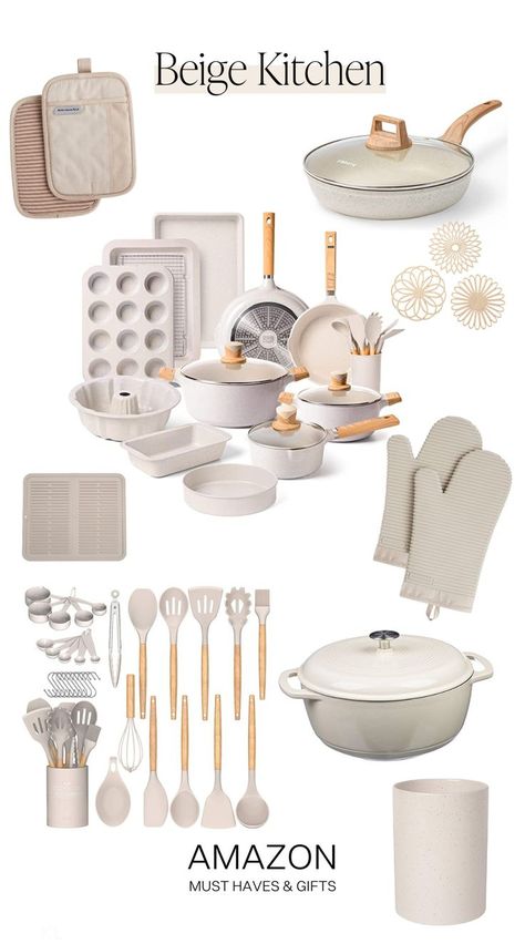 Creating your dream kitchen?  If a beige kitchen is your goal, these Amazon Finds and Tiktok Viral Kitchen Products are perfect for your kitchen inspiration. Neutral colored kitchen utensils, beige kitchen pots and pans, and everything you need to finish a classy, simply, dreamy kitchen using Amazon products only. These beige kitchen finds are so affordable too! Small Kitchen Set Up Ideas, Minimalist Kitchen Essentials, Reka Bentuk Dalaman, Desain Pantry, Desain Furnitur Modern, House Organisation, Aesthetic Kitchen, Beige Kitchen, Future Apartment Decor