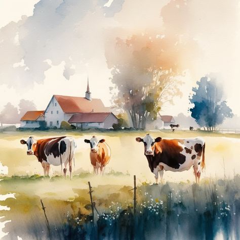 Croquis, Farm Scene Painting, Farm With Animals, Farm Animal Paintings, Cow Artwork, Watercolor Barns, Cow Drawing, Color Portrait, Farm Paintings