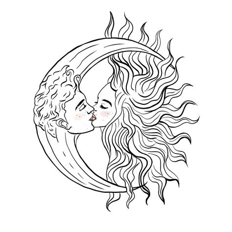 Moon And Sun Kissing Tattoo, Sun And Moon As People Art, Moon And Sun Coloring Pages, Sun And The Moon Drawing, Aesthetic Star Drawing, Moon Kissing Sun, Sun And Moon Kissing Tattoo, Moon Aesthetic Drawing, Moon Sun Aesthetic