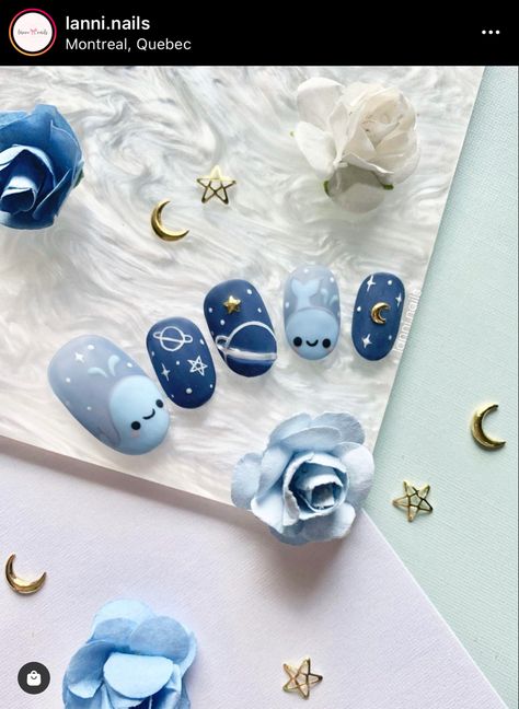 Nail Stamping Ideas Color Combos, Pastel Space Nails, Squishmallow Nails, Planets Nails, Stardew Valley Nails, Nails Complicated, Gengar Nails, Whale Nail Art, Cute Anime Nails