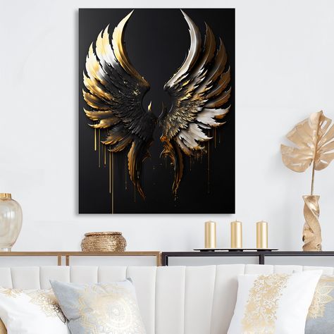 Fantasy Wall Art, Contemporary Glam, Gold Angel Wings, Gold Angel, Grey Home Decor, Glam Metal, Accent Wall Decor, Metal Artwork, Black Decor