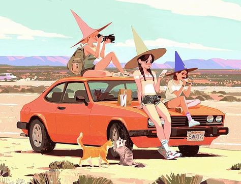 Summer witch road trip! #anime #2danimation #witches #cats #roadtrip #summervacation #nike #newbalance #addidas #cannon Drawing Tutorials, Character Illustration, Comics Illustration, 8bit Art, Modern Witch, 캐릭터 드로잉, Witch Art, Illustration Vector, Painting Illustration