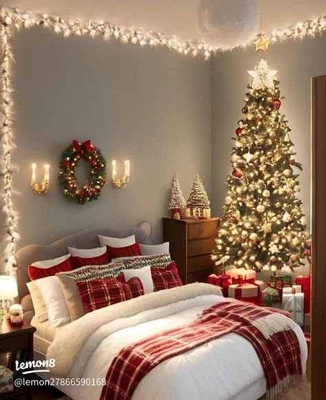 Vintage Christmas Bedroom Decor, Christmas Tree Ideas For Bedroom, Christmas Decor Room Bedrooms, Christmas Room Decor Ideas Bedrooms, Christmas Tree In Bedroom, Christmas Themed Room, Christmas Room Inspiration, Christmas Room Ideas, Christmas Room Aesthetic