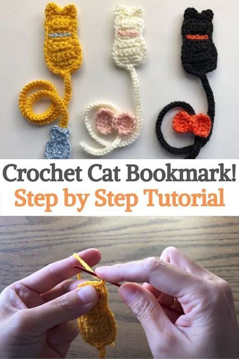 This is a great project to start crochet, because it is really simple to do, you just have to know the basic crochet stitches. In addition, due to its size, it is quite quick to make, in a few minutes you will have it ready.It's a great gift for just about anyone, because who doesn't love cats and books? They are very cute and useful bookmarks. If you have knowledge in crochet you can give it your personal touch... Crochet Cat Bookmark Pattern, Cat Crochet Bookmark Pattern, Quick And Simple Crochet Projects, How To Make Crochet Bookmarks, Quick Simple Crochet Projects, Crochet Paper Clip Bookmark Free Pattern, Crochet Bookmark Simple, Book Crochet Pattern Free, Quick And Cute Crochet Projects