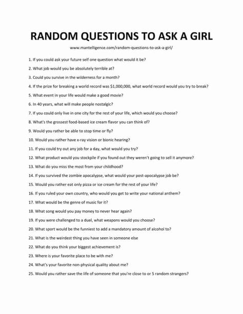 82 Random Questions to Ask a Girl - Fun and unexpected questions. Random Questions To Ask, Friend Quizzes, Questions For Girls, Youtube Questions, Questions To Ask A Girl, Text Conversation Starters, Clever Pick Up Lines, Good Questions To Ask, Deep Conversation Topics