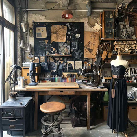 23 Crafting Havens: Crafting amidst the Dusk of Industry Shadows Industrial Designer Aesthetic, Alchemist Interior Design, Artist Office Space, Industrial Craft Room, Creative Workshop Space, Hobby Room Organization, Aesthetic Craft Room, Home Craft Studio, Seamstress Studio