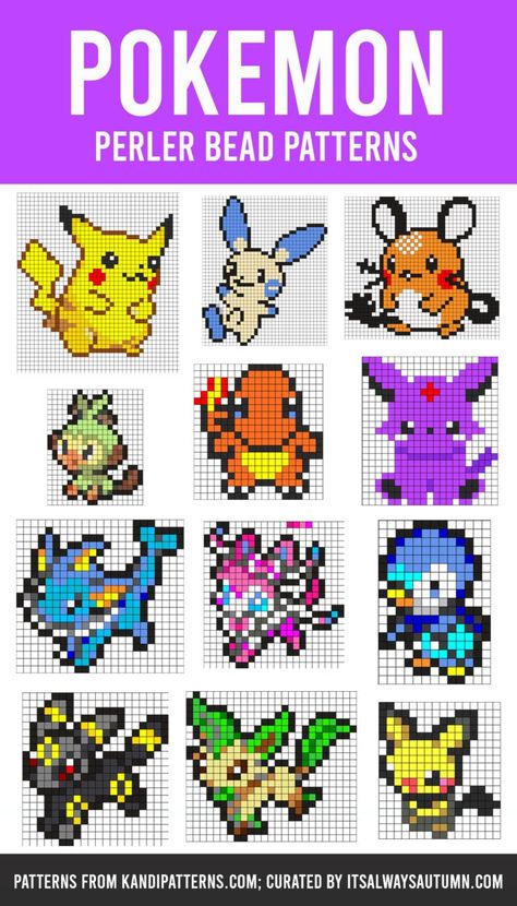 The GIANT list of Perler Bead Patterns {fuse beads, melty beads} - It's Always Autumn Melty Bead Patterns Pokemon, Perler Bead Pokemon Patterns Small, How To Make Pokemon Crafts, Happy Birthday Perler Bead Patterns, Crazy Perler Bead Patterns, Peeler Beads Pokemon, Pokemon Bead Art, Fuse Beads Pokemon, Fun Perler Bead Patterns