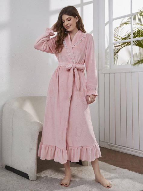 Baby Pink Casual  Long Sleeve Flannel Plain   Slight Stretch  Women Sleep & Lounge Women’s Robe, Comfy Outfits Lazy, Pink Bathrobe, Fairy Bride, Bride Dressing Gown, Winter Flannel, 2023 Wishlist, Flannel Robe, Outfits Lazy