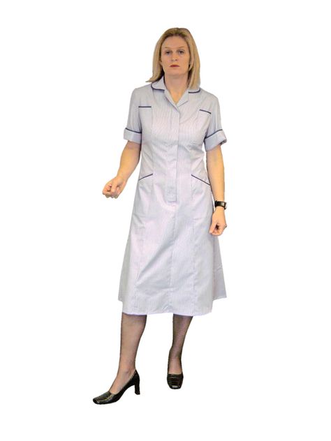 CU100 Stripe  Ladies Dresses  4 Pocket Vented Dress. White with Coloured Piping available. Colours with White Piping also available  2 back shoulder vents for ease of movement. 2 breast pockets, 2 hip pockets, concealed front stud fastening with zip. Length 45" hemmed. Nurse Dress, Nurse Dress Uniform, Dress Uniform, New Nurse, Nurse Uniform, Ladies Dresses, Nursing Dress, Back Shoulder, Dress White