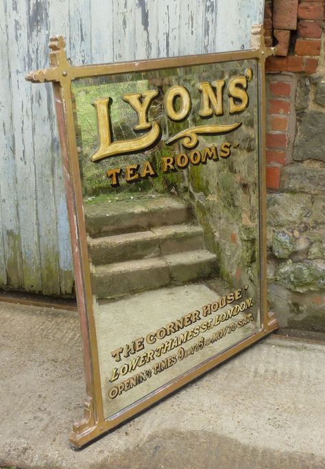 Large Victorian Advertising Mirror, Lyons Tea Rooms Victorian Shop Signs, Victorian Signage, Kopi Shop, Pantry Scullery, Mirror Signage, Pub Mirror, Hand Painted Signs Vintage, Antique Mirror Diy, Victorian Advertising