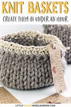 Cute DIY knitted baskets you can knit up quick and easy. This simple craft project requires a single skein of yarn and requires only basic knitting knowledge. A perfect knitting project for beginners. Knit up a few to give away as handmade DIY gifts. #knitbaskets #knittingforbeginners #freeknittingpattern #easycrafts #diyprojects #easycrochet #RedHeart #knittingprojects #knittingpattern #easyknitting Knitted Baskets, Small Baskets, Diy Tricotin, Loom Knitting Projects, Basket Pattern, Knit Basket, Simple Craft, Quick Knits, Diy Basket