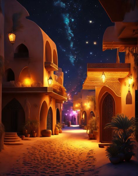 Arabian street, arabian nights, Bedouin village 1001 Nights Aesthetic, Arabian Nights Background, Arab Landscape, Arabian Market, Coffee Designs Art, Islamic City, Direct Painting, Street Background, Castle Gate