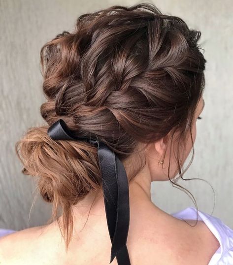 Loose Bun with a Braid and Ribbon Two Braids Into Bun, Bun With Ribbon, Braids Into Bun, Quick Braid Styles, Braid And Bun, Loose Bun, 2022 Hairstyles, Hairstyles With Braids, Easy Braided Hairstyles