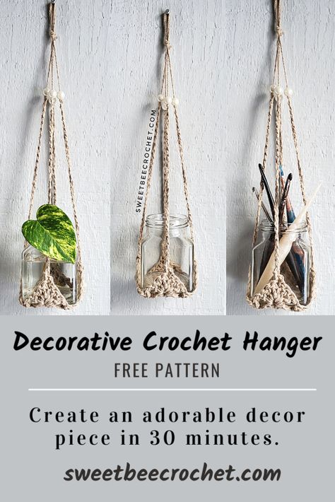 Free Crochet Plant Hanger Pattern, Crochet Plant Hanger Pattern Free, Crochet Heart Patterns, Crochet Hanging Baskets, Hearts Crochet, Bee Crochet, Decorative Crochet, Crochet Plant Hanger, Macrame Plant Hanger Patterns