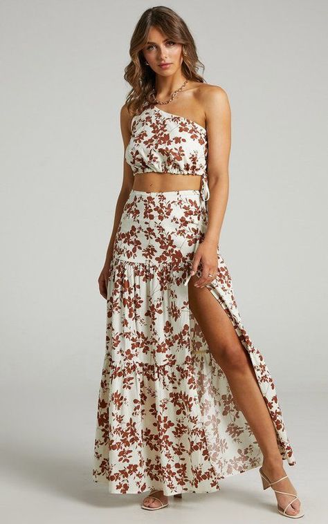 Beach Vacation Attire - Floral 2 Piece Maxi Set Couture, Two Piece Skirt Set Formal, Two Piece Outfits Skirt, Crop Top And Midi Skirt, Vacation Attire, Midi Skirt Set, One Shoulder Crop Top, Floral Outfit, Shoulder Crop Top