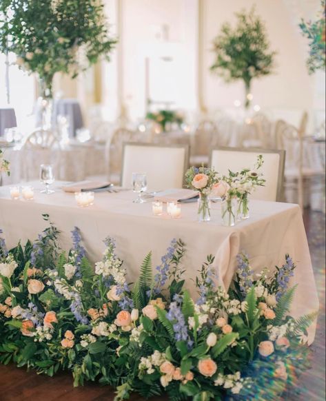 Sweetheart Table Florals, Wedding Dinner Table Setting, Laura Stone, Peach Pink Wedding, Wedding Sweetheart Table Decor, Sweetheart Table Flowers, Sweetheart Table Backdrop, Wedding Couple Table, Table Florals