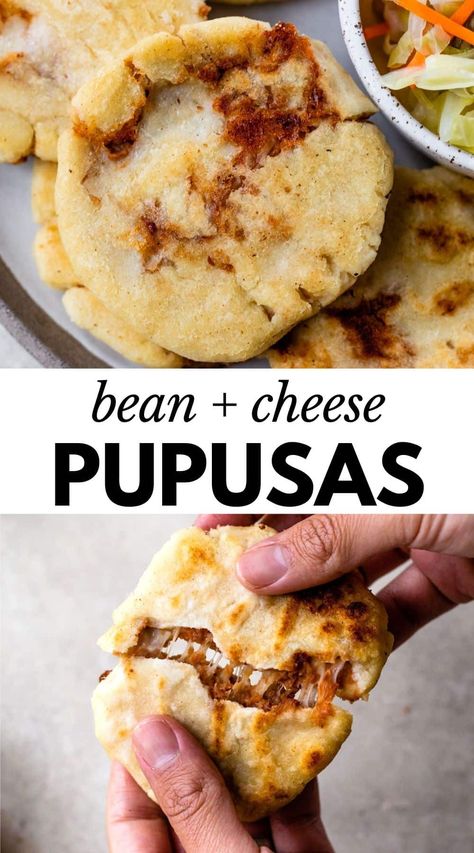 This easy Pupusa Recipe will teach you how to make these bean and cheese-filled tortillas. The pupusas are easy to customize, and are typically paired with curtido for a tasty lunch, dinner or snack. Filled Tortilla Recipes, Black Bean Pupusas, Mexican Masa Recipes, Pupusa Masa Recipe, Bean Tortillas Recipe, Bean And Cheese Recipes, Mexican Papusa Recipe, Pupusas Recipe With Meat, Fucacha Recipe