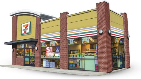 7-11 7/11 Convenience Store, Modern Grocery Store Design Exterior, Super Market Exterior Design, Convenience Store Exterior Design, Bloxburg Mall Stores, Grocery Store Exterior Design, Korean Convenience Store Exterior, Minecraft Supermarket Ideas, Grocery Store Architecture