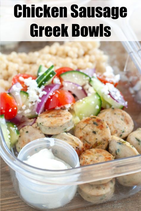 Essen, Sausage Dinner Recipes Healthy, Healthy Dinner Recipes Summer, Sausage Meal Prep, Greek Meal Prep Bowls, Greek Meal Prep, Greek Bowls, Lunch Quick, Chicken Sausage Recipes