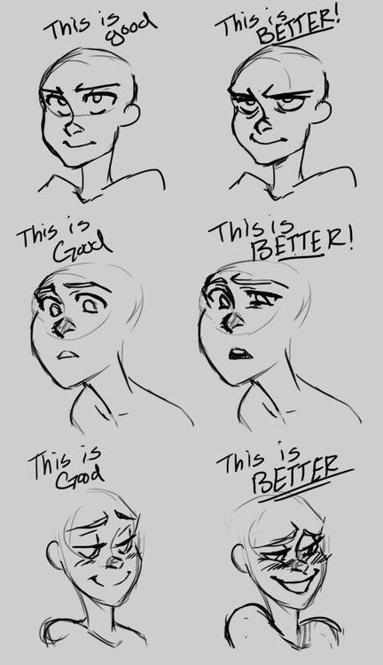 Facial expression good vs better this is exaggeration to convey the point emotion etc Drawing Hair, Drawing Faces, Drawing Hands, Drawing Eyes, Drawing Face Expressions, 얼굴 드로잉, Seni 2d, 얼굴 그리기, 캐릭터 드로잉