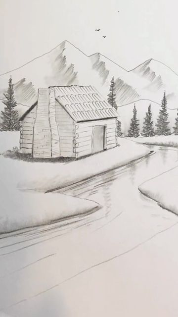 Landscape Ideas Pencil Drawing, Landscape House Drawing, Drawing Inspo Landscape, Drawing Of A Landscape, Mountain Cabin Drawing, Landscapes Drawing Easy, Drawing Ideas Nature Easy, Easy Drawings Landscape, Forest Sketch Pencil