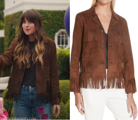 How To Style Fringe Jacket, Suede Fringe Jacket Street Style, Fringe Suede Jacket Outfit, Fringed Leather Jacket, The High Note Dakota Johnson Outfits, Dakota Johnson The High Note, Fringe Suede Jacket, Dakota Johnson High Note, Brown Fringe Jacket Outfit