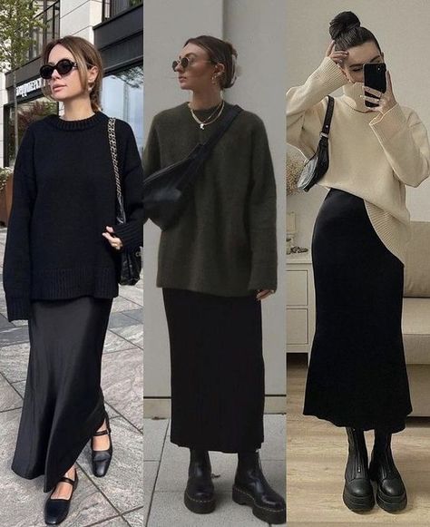 Brooklyn Nyc Street Style, Skirt Fall 2023, London Fashion 2023 Winter, Winter Normcore Outfits, Satin Skirt Outfit Street Styles, Layered Silk Dress Outfit, Winter Bridal Luncheon Outfit, Autumn Modest Fashion, Black Velvet Skirt Outfit Fall