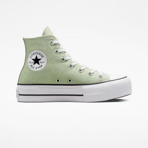 - Womens 10.5 (Runs Large - Order A Half Size Down) - Summit Sage/White/Black - High-Top Platform Sneaker With A Cotton Canvas Upper - Eva Cushioning Provides All-Day Comfort - New Converse Colors To Refresh Your Rotation - A Platform Outsole Ups The Height - Iconic Chuck Taylor Ankle Patch Open To Offers :) Converse Shoes All Colors, Light Green Platform Converse, Green Shoes For Women, Green Sneakers Aesthetic, Cute Converse High Tops, Sage Green Platform Converse, Pastel Green Shoes, Cute Green Shoes, Green Platform Converse