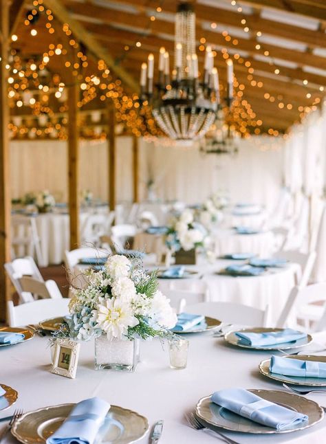 Wedding Reception Tablescape with Champagne Gold Charger Plates and Light Blue Linen Napkins with Low White and Light Blue Hydrangea Centerpieces Blue Hydrangea Centerpieces, Blue Wedding Centerpieces, Reception Tablescapes, Hydrangea Centerpiece, Wedding Table Linens, Wedding Cross, Blue Napkins, Light Blue Wedding, Blue Themed Wedding