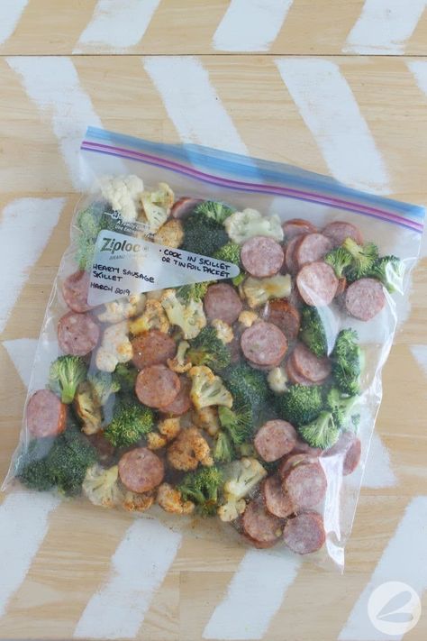 hearty sausage skillet camping meal Essen, Sausage Camping Meals, Camping Skillet Meals Dinners, Camping Pre Made Meals, Camp Skillet Meals, Make Ahead Blackstone Meals, Freezer Meals For Camping, Sausage Freezer Meals, Camping Freezer Meals