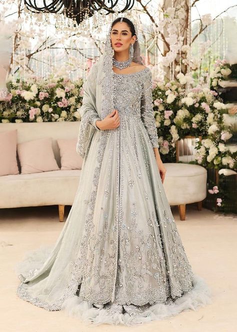 Ice Blue Lehenga, Walima Dresses Pakistani Brides, Pishwas Pakistani, Silk Lengha, Tissue Dupatta, Pakistani Bridal Lehenga, Baju Kahwin, Wedding Dresses Pakistani, Nikah Outfit