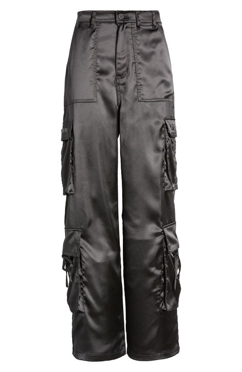 Indulge in the luxury of silky satin while rocking a streetwear silhouette with these stretch-kissed cargo pants that have plenty of shine. Zip fly with button closure Front patch pockets; side cargo pockets 97% polyester, 3% spandex Machine wash, tumble dry Imported Denim Shorts, Streetwear Silhouette, Satin Cargo Pants, Cargo Pants Outfit, Blank Nyc, Pants Outfit, Black Silk, Jeans Pants, Cargo Pants