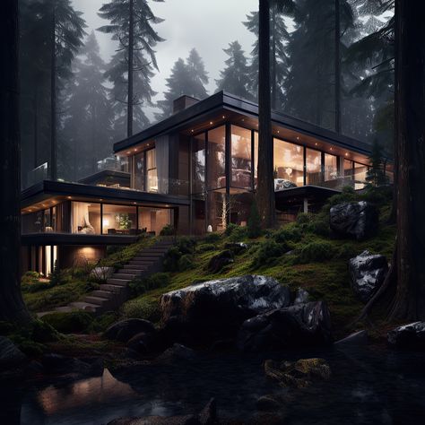 Twilight House Aesthetic, Dark Island Aesthetic, Black Mountain House, Forest House Exterior, Modern House In Woods, Dark Modern House Exterior, Modern House In Forest, Utopia Aesthetic, Dark Modern House