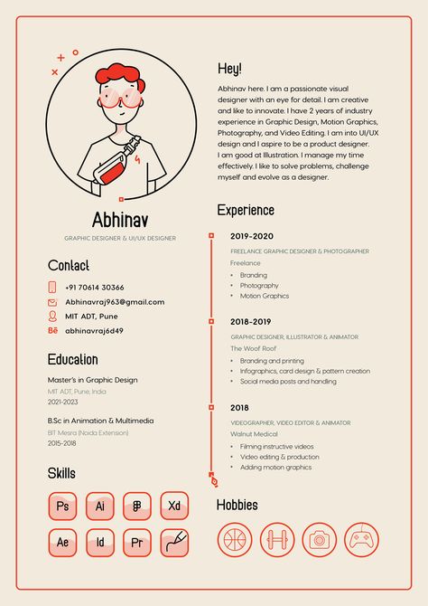 Creative Resume For Graphic Designer, Cute Resume Design, Illustrator Cv Design, Cute Cv Design, Illustrator Resume Design, Graphic Design Resume Layout, Creative Designer Resume, Resume With Photo, Resume Ideas Creative