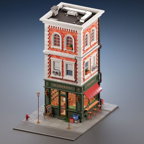 ArtStation - Wine Store & Apartments // Diorama, Evgeniy Vakulich Apartment Diorama, Cartoon Building, London Buildings, Blender Models, Lego Modular, City Cartoon, Isometric Art, Isometric Design, Low Poly Art